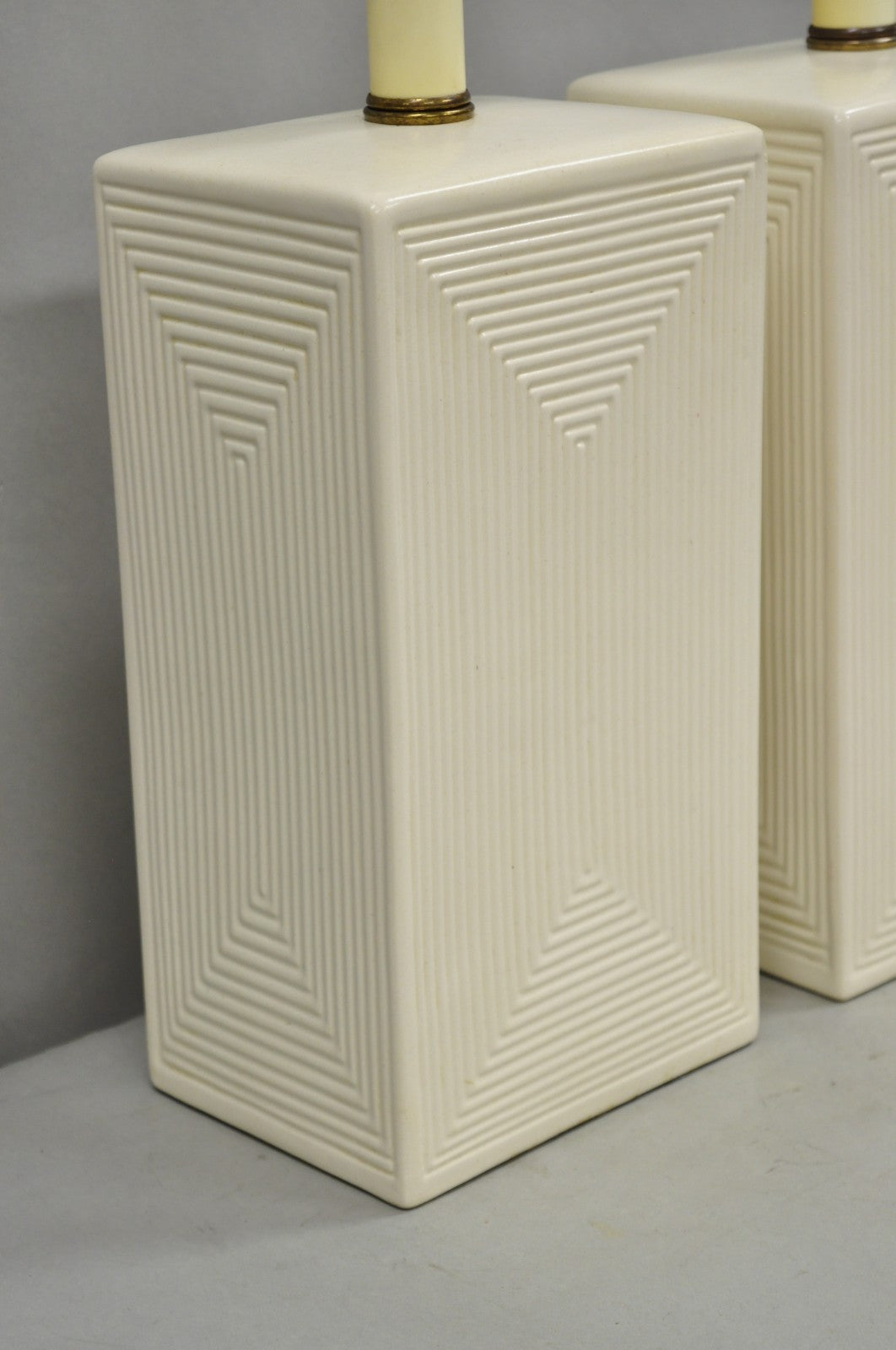 Vintage Mid Century Modern White Geometric Ceramic Cubist Table Lamps - a Pair