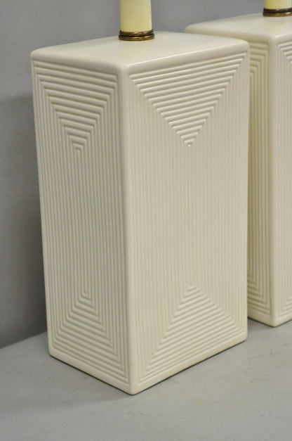 Vintage Mid Century Modern White Geometric Ceramic Cubist Table Lamps - a Pair
