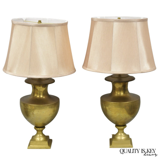 Vintage Hollywood Regency Patinated Brass Jardiniere Urn Table Lamps - a Pair