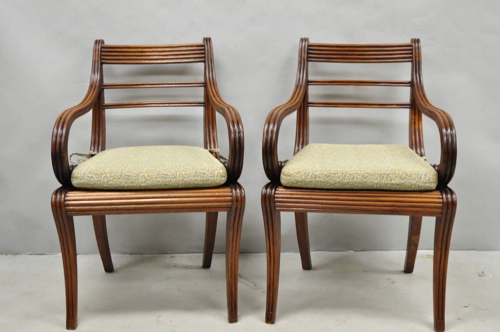 Vintage English Regency Style Cane Seat Mahogany Saber Leg Arm Chairs - a Pair