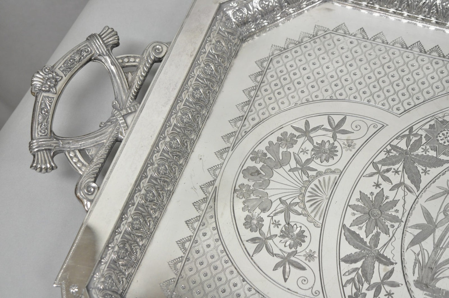 Antique Rogers Smith & Co Art Nouveau Large Silver Plated Crane Bird Etched Tray