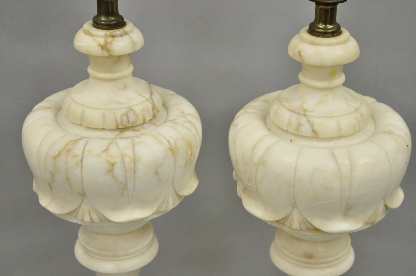 Antique French Empire Carved Italian White Marble Victorian Table Lamps - a Pair