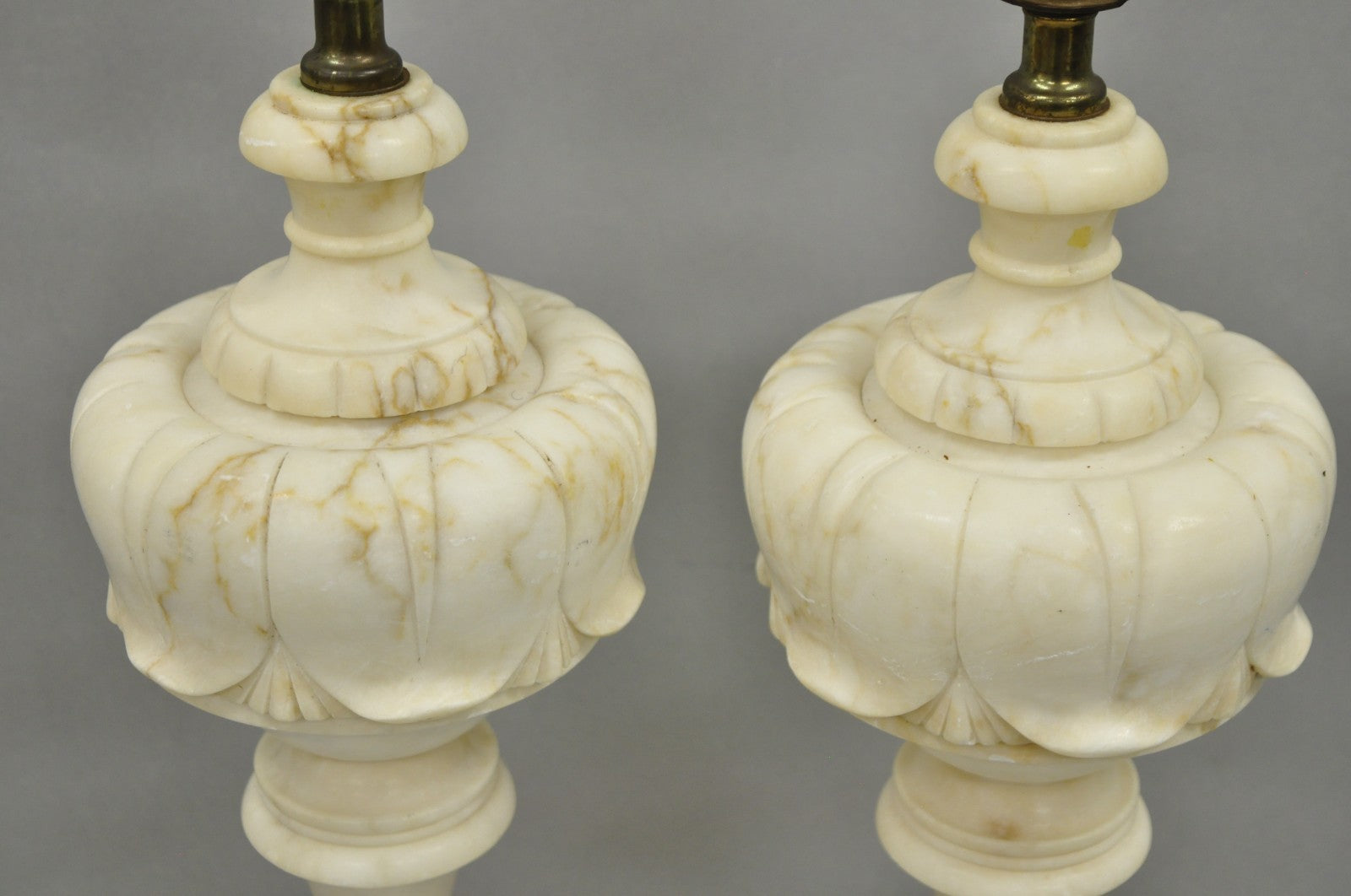 Antique French Empire Carved Italian White Marble Victorian Table Lamps - a Pair