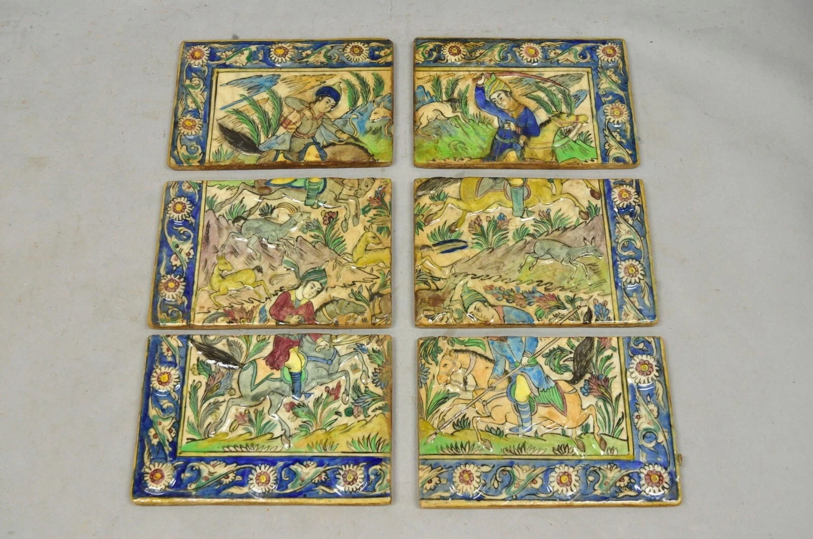 Antique Persian Iznik Qajar Style Ceramic Pottery Tile Mosaic Hunt Scene C7
