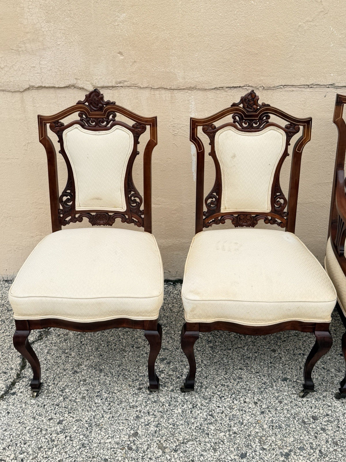 Antique Victorian Carved Mahogany Inlaid Parlor Set Sofa and 4 Chairs - 5 Pcs