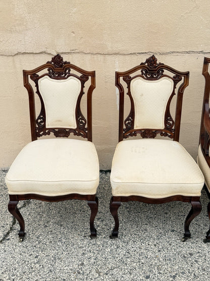 Antique Victorian Carved Mahogany Inlaid Parlor Set Sofa and 4 Chairs - 5 Pcs