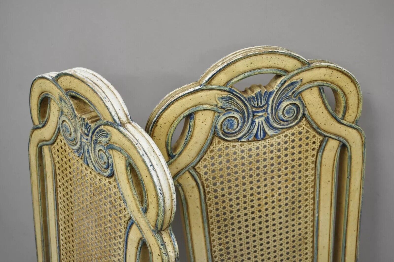 Vintage French Hollywood Regency Cane Pretzel Back Cream Dining Chair - Set of 6