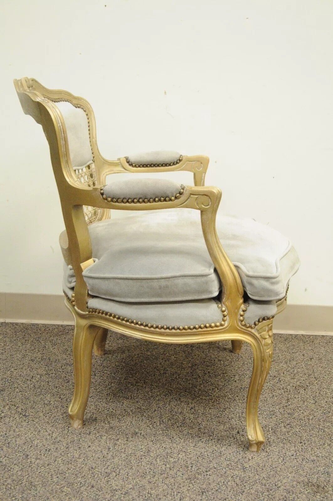 Fratelli Boffi French Louis XV Style Gold Gray Suede Cane Bergere Arm Chair
