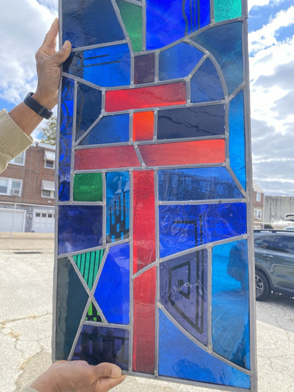 Vintage Art Deco Blue & Red Leaded Stained Glass Arched Window w/ Cross - 5 Pcs