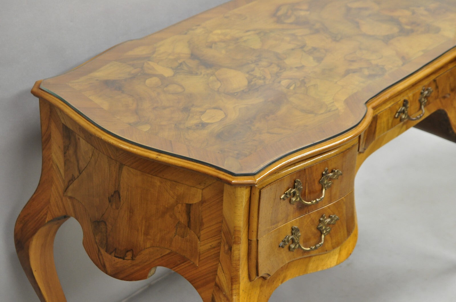 Vintage Italian Rococo French Country Burl Wood Olive Wood Inlay Writing Desk