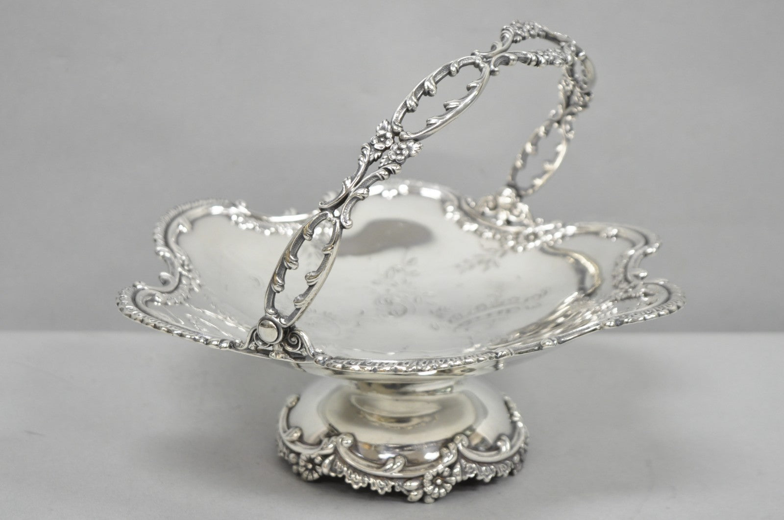 Antique Meriden Silver Plated Floral Repousse Pedestal Brides Wedding Basket