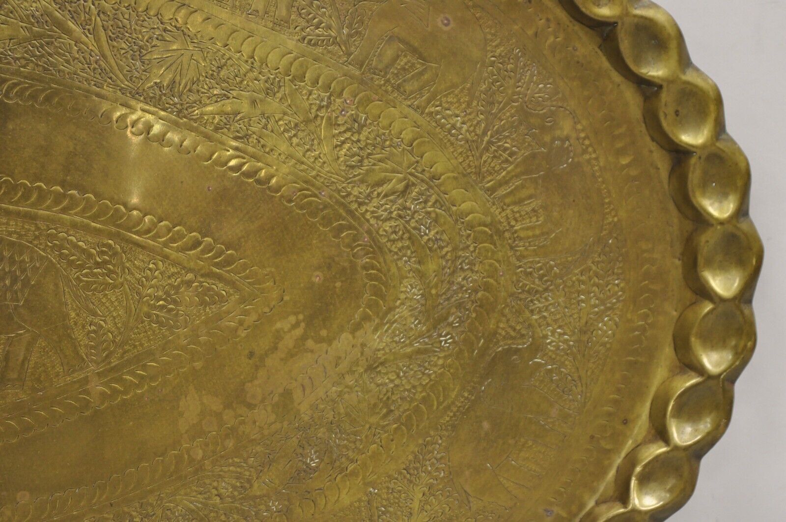 Vintage Moroccan Middle Eastern Large Brass Oval Elephant Engraved 46" Tray Top