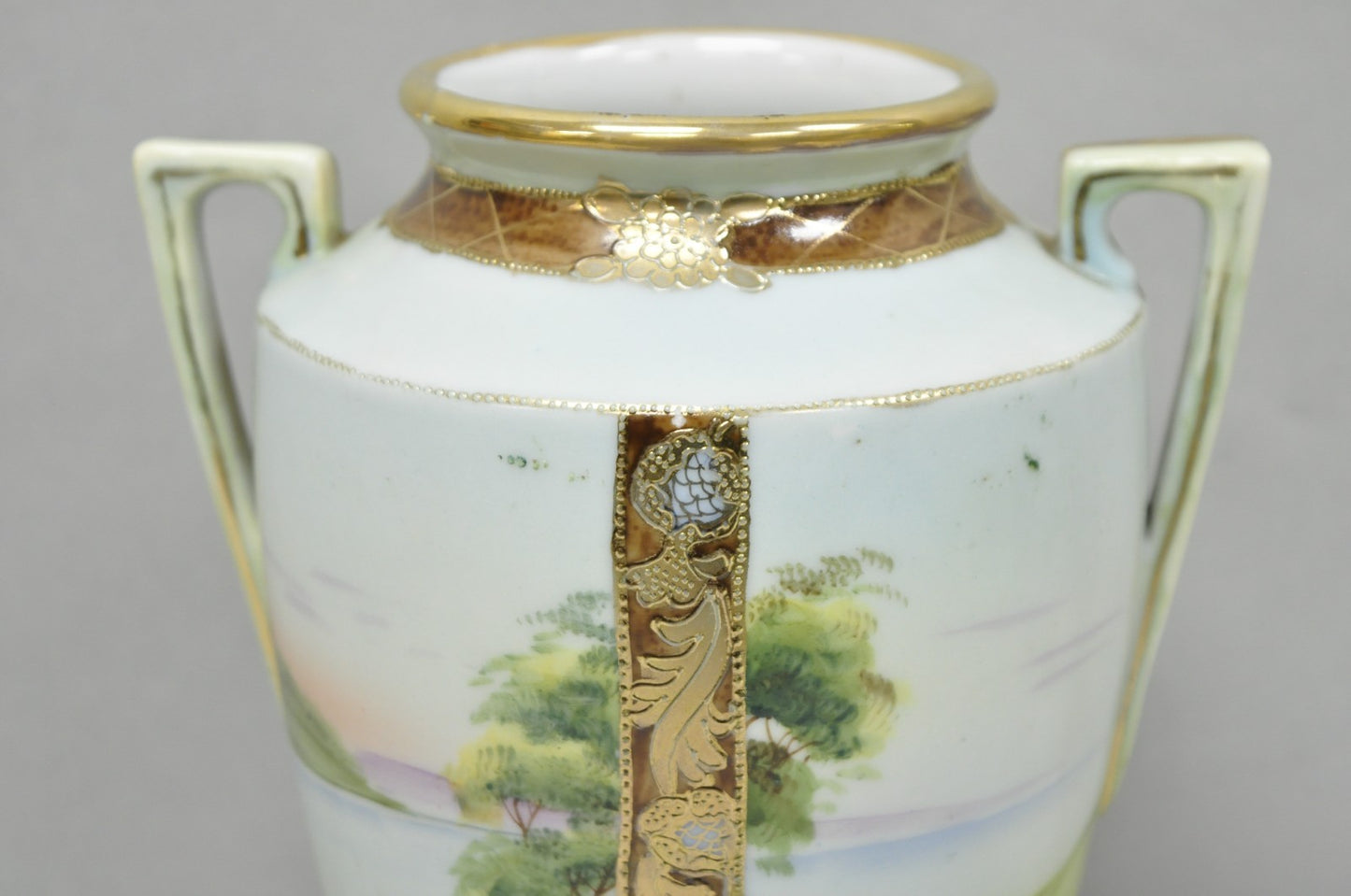 Antique Nippon Hand Painted Porcelain Twin Handled Vase w/ Swan & Lake Scene