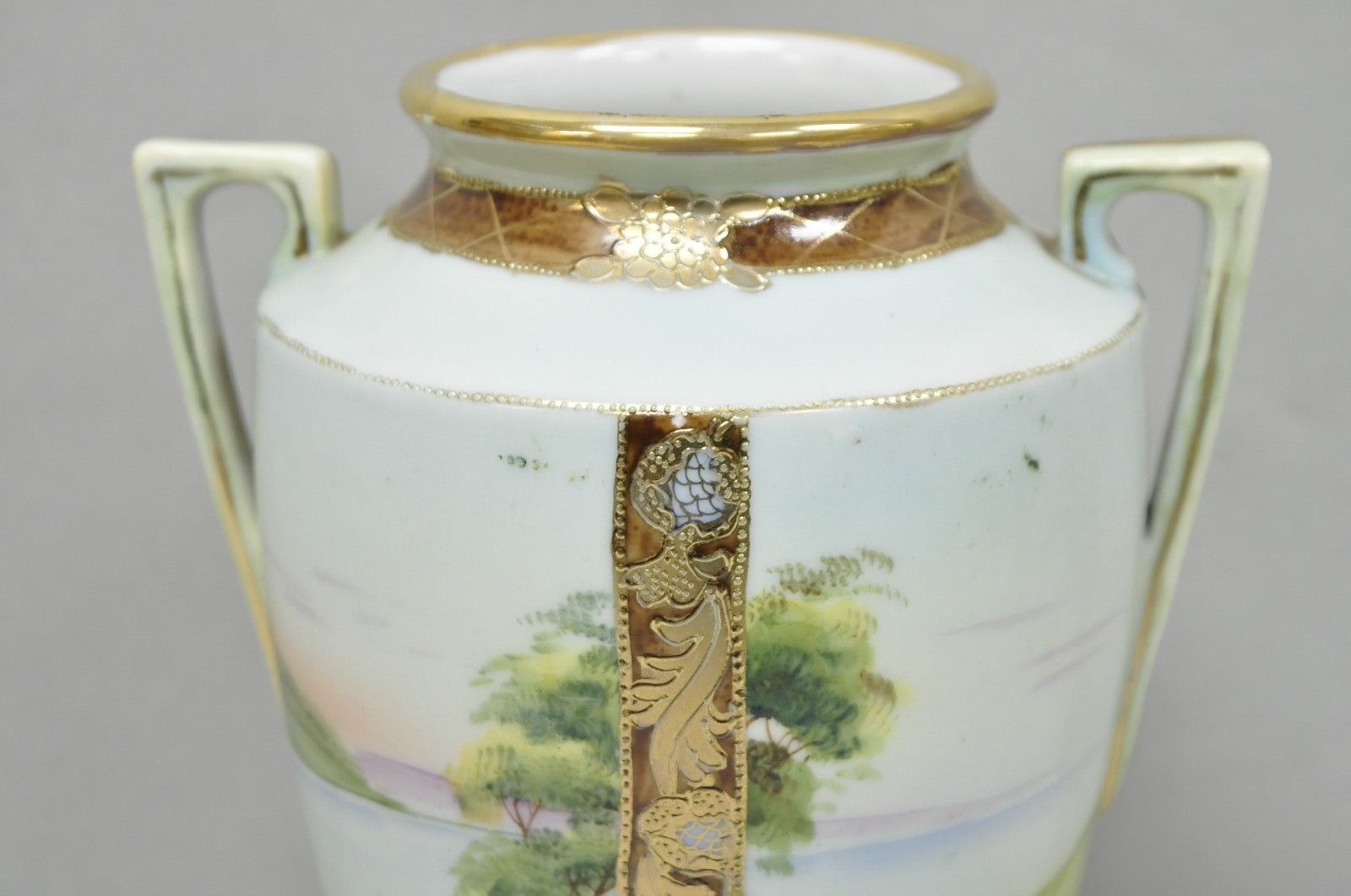 Antique Nippon Hand Painted Porcelain Twin Handled Vase w/ Swan & Lake Scene