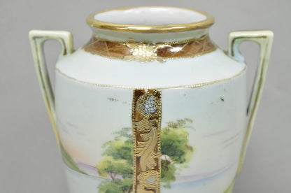 Antique Nippon Hand Painted Porcelain Twin Handled Vase w/ Swan & Lake Scene