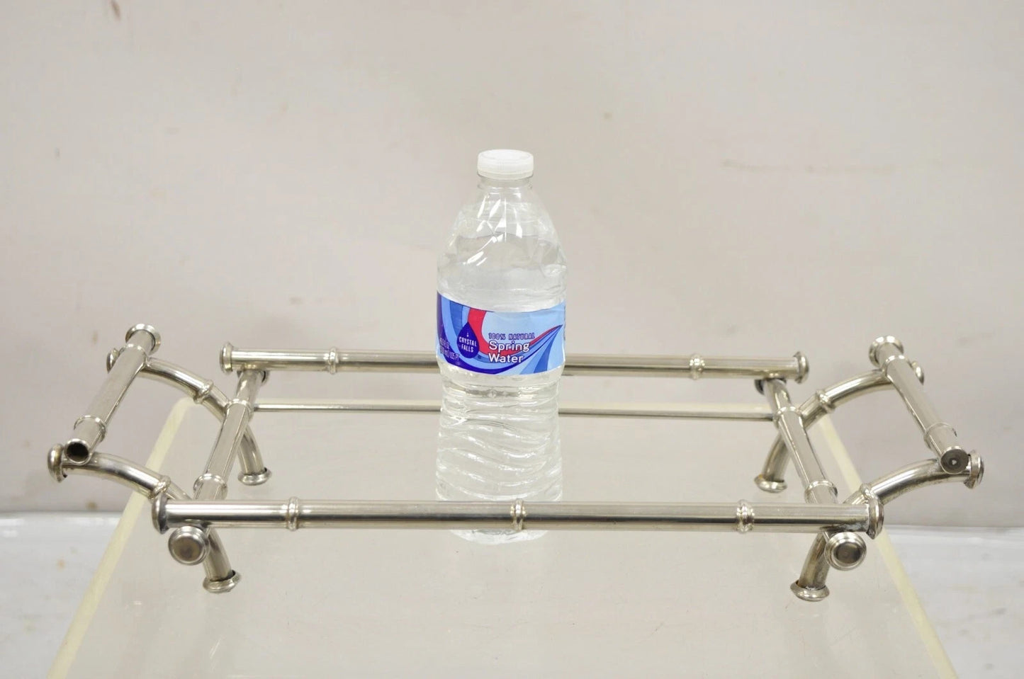 Vtg Italian Hollywood Regency Faux Bamboo Silver Plated Serving Platter Stand