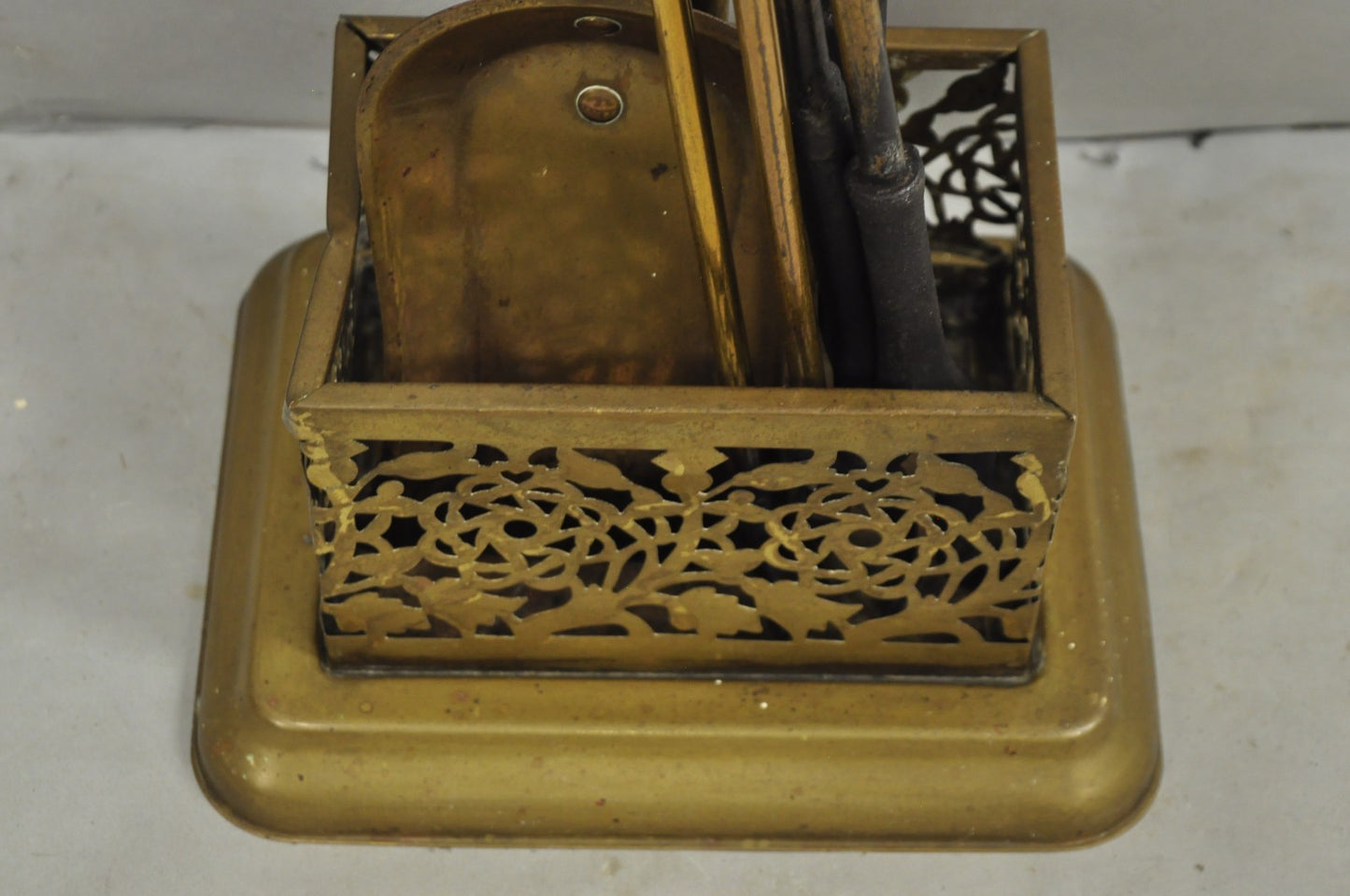 Antique English Federal Brass Urn Finial Fireplace Tool Set with Stand