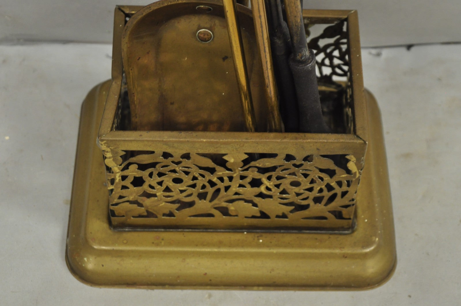 Antique English Federal Brass Urn Finial Fireplace Tool Set with Stand