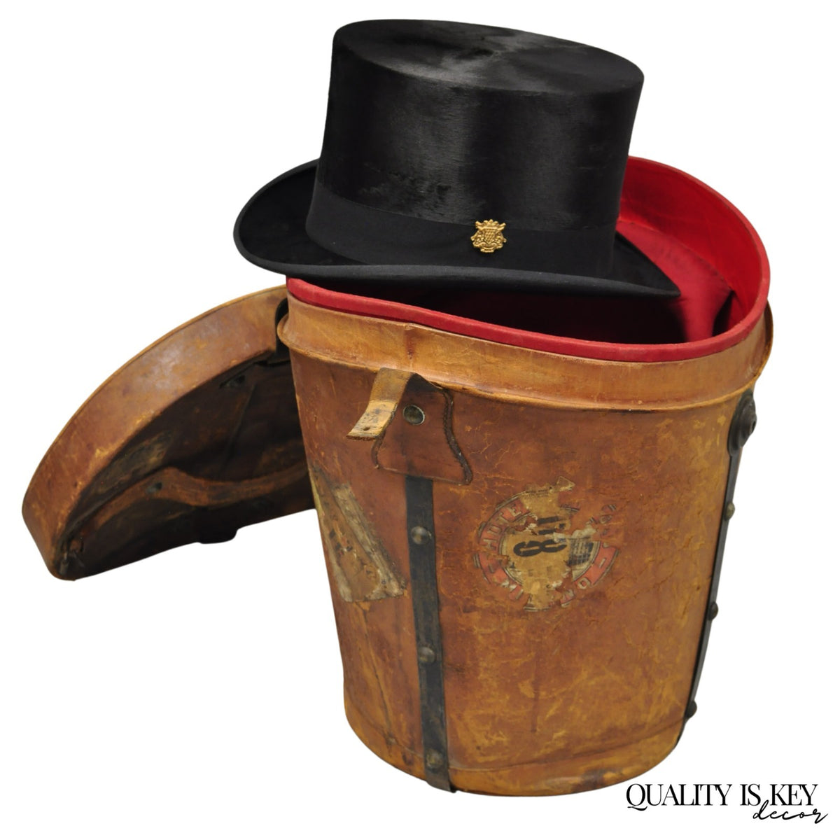 English Art Deco Brown Leather Travel Case Suitcase w/ Stickers & Beaver Top Hat