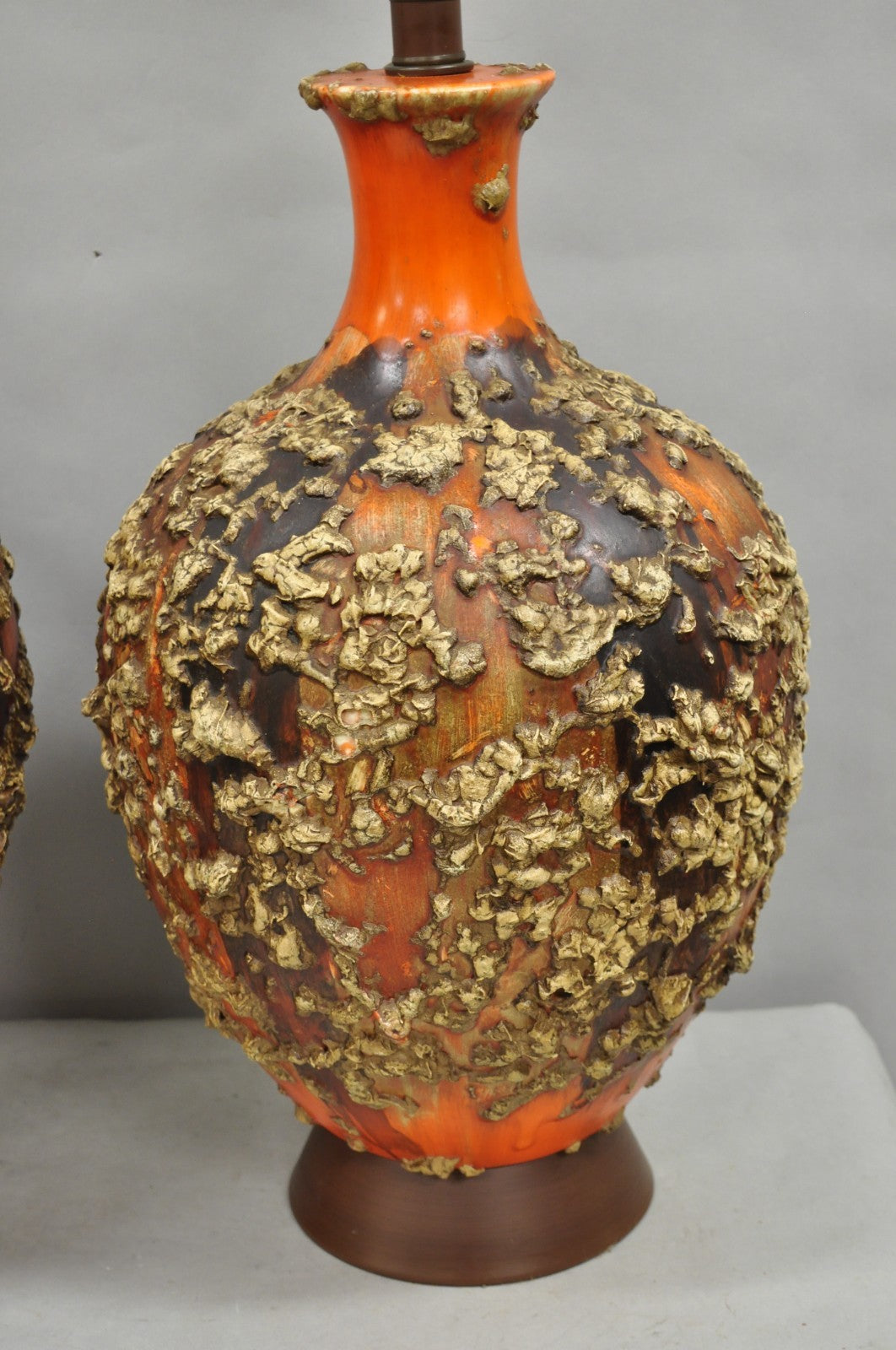Vintage Mid Century Modern Orange Drip Lava Glaze Large Pottery Table Lamp Pair