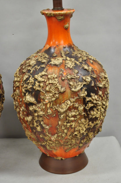 Vintage Mid Century Modern Orange Drip Lava Glaze Large Pottery Table Lamp Pair