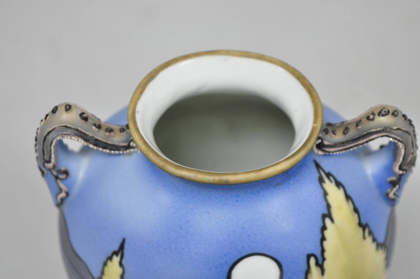 Antique Hand Painted Blue Nippon Porcelain Halloween Pattern Twin Handle Vase