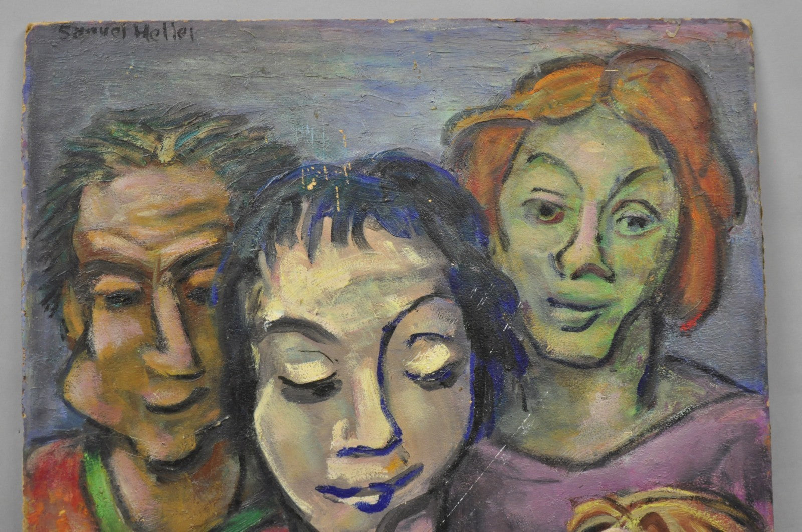 Vintage Samuel Heller "Family Portrait w/ Child B" Oil on Board Painting Signed