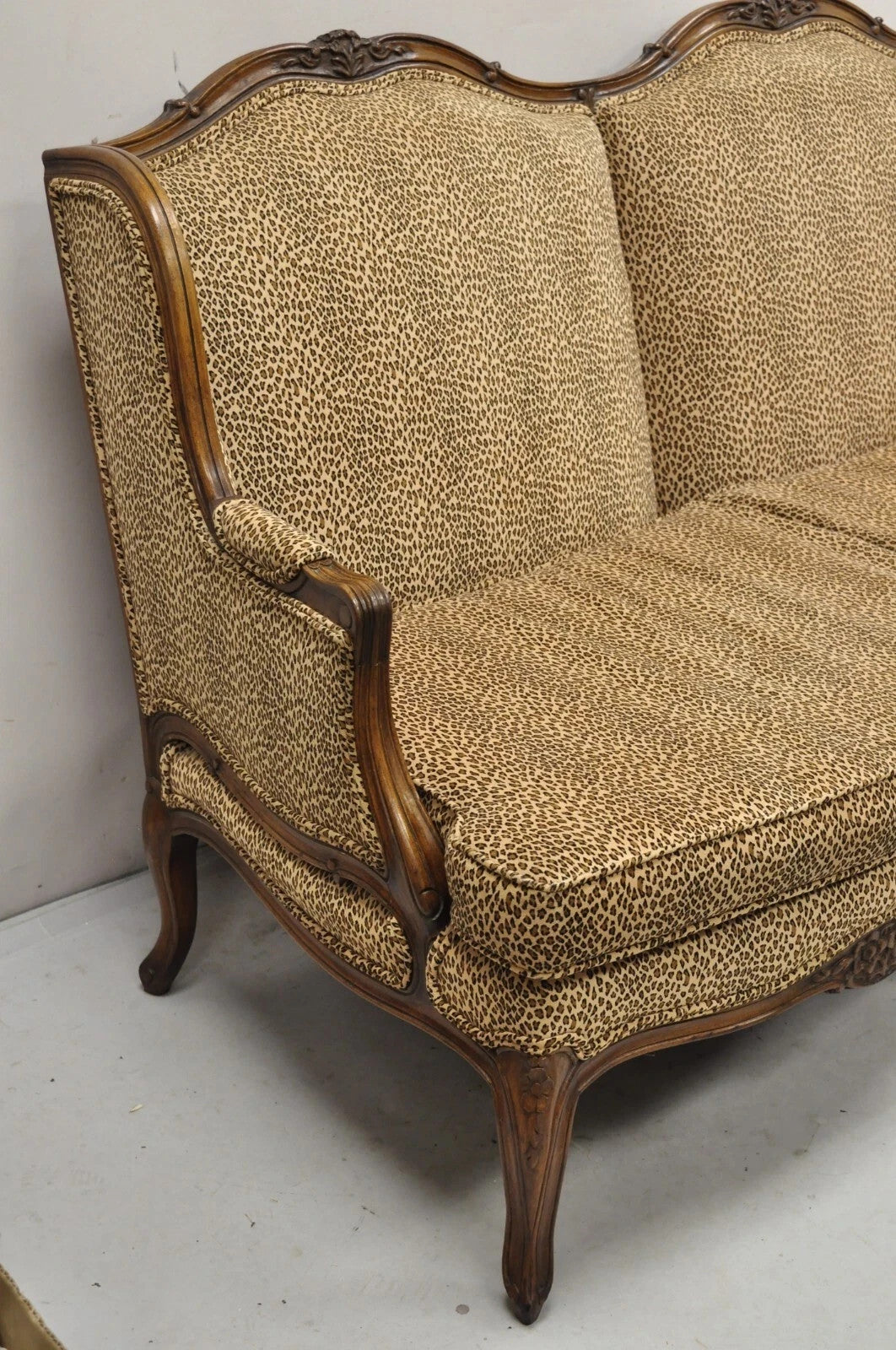 Vintage French Country Louis XV Carved Walnut Cheetah Print Wingback Sofa Settee