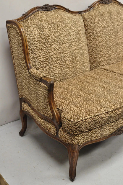 Vintage French Country Louis XV Carved Walnut Cheetah Print Wingback Sofa Settee