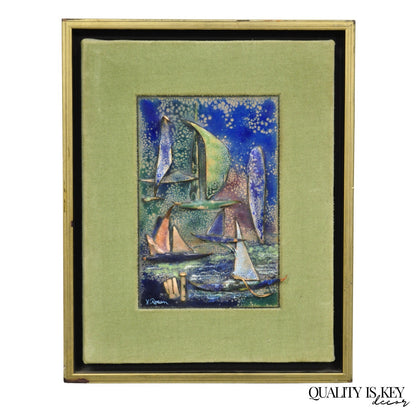 Vintage Mid Centuy Modern Enameled Copper Clipper Ship Art Painting by M. Rosen