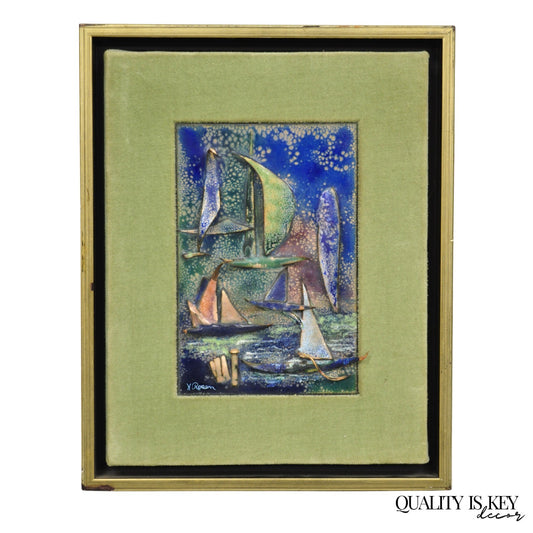 Vintage Mid Centuy Modern Enameled Copper Clipper Ship Art Painting by M. Rosen
