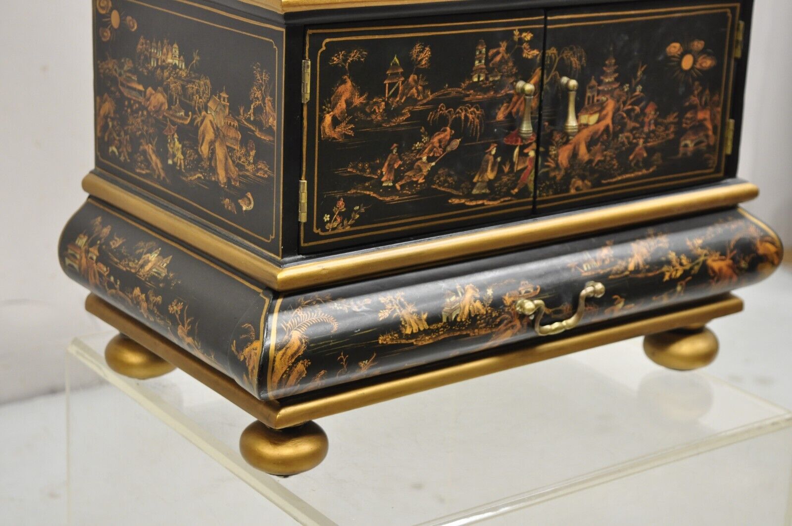 Decorative Chinoiserie Bombe Style Black Lacquer Oriental Jewelry Box