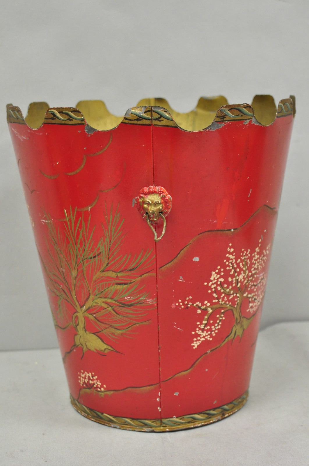 Italian Chinoiserie Hand Painted Oriental Red Tole Metal Wastebasket Trashcan
