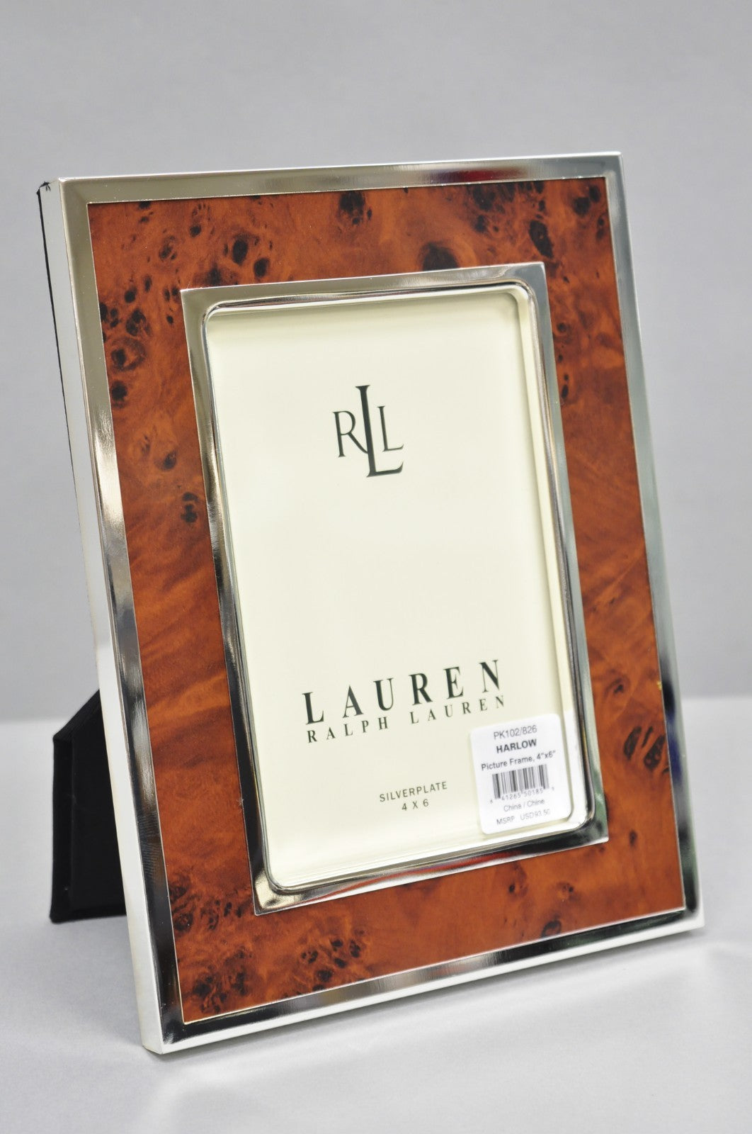 Lauren Ralph Lauren Harlow Burl Wood & Silver Plated 4x6 Photo Picture Frame NIB