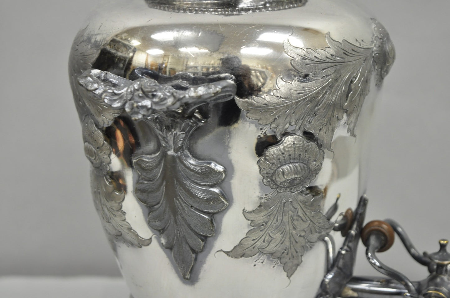 Antique Art Nouveau English Silver Plated Floral Repousse Samovar Coffee Tea Pot