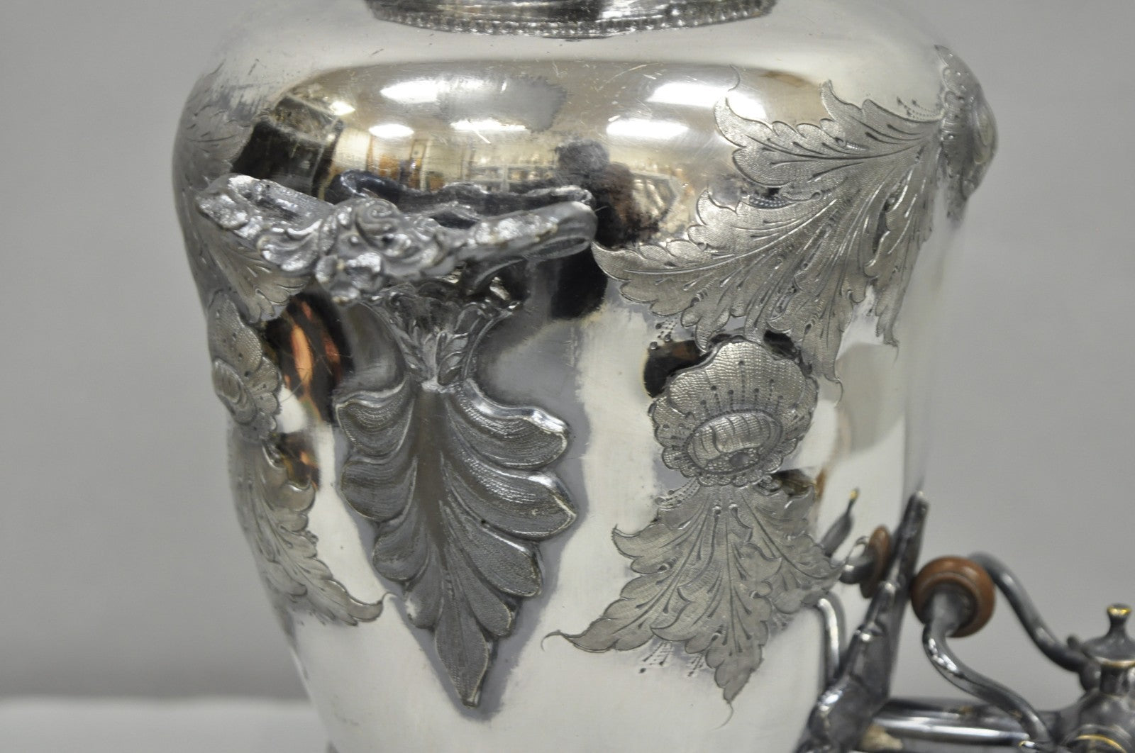 Antique Art Nouveau English Silver Plated Floral Repousse Samovar Coffee Tea Pot