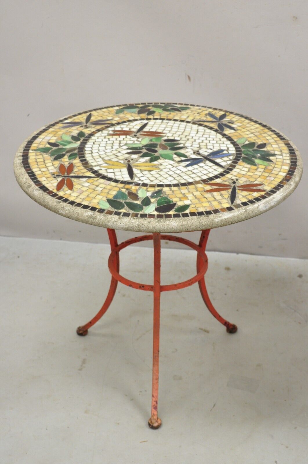 Dragonfly Mosaic Tile Round Stone Top Iron Base Patio Side Tables - a Pair