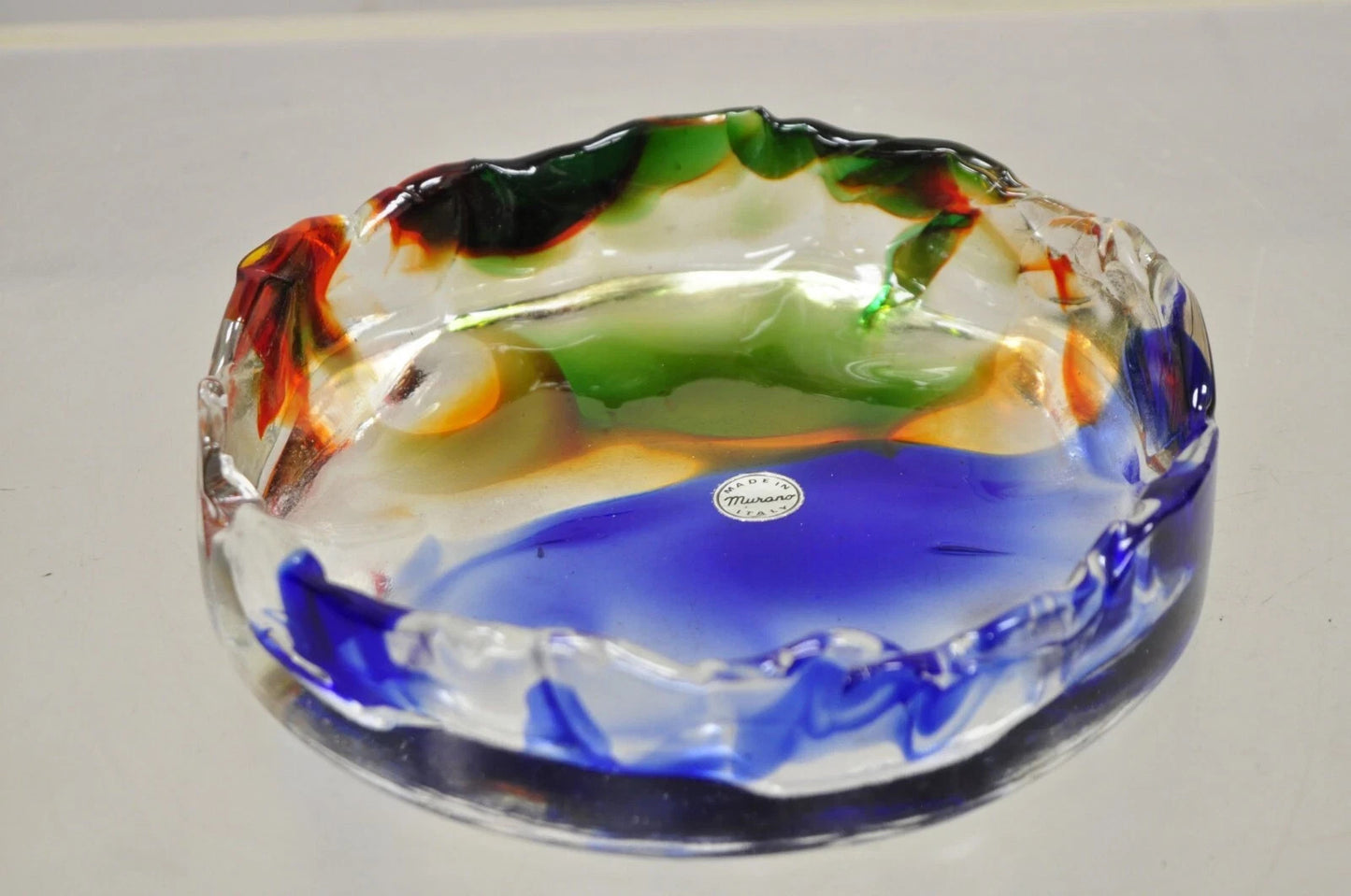 Vintage Mid Century Modern Italian Murano Blue Green Art Glass Ashtray Catchall