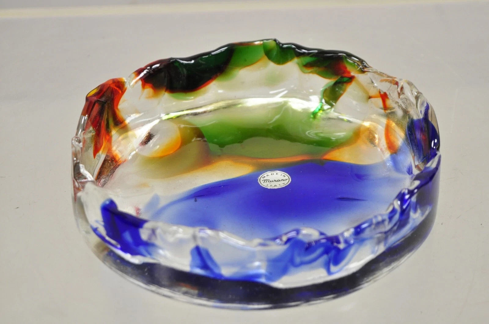 Vintage Mid Century Modern Italian Murano Blue Green Art Glass Ashtray Catchall