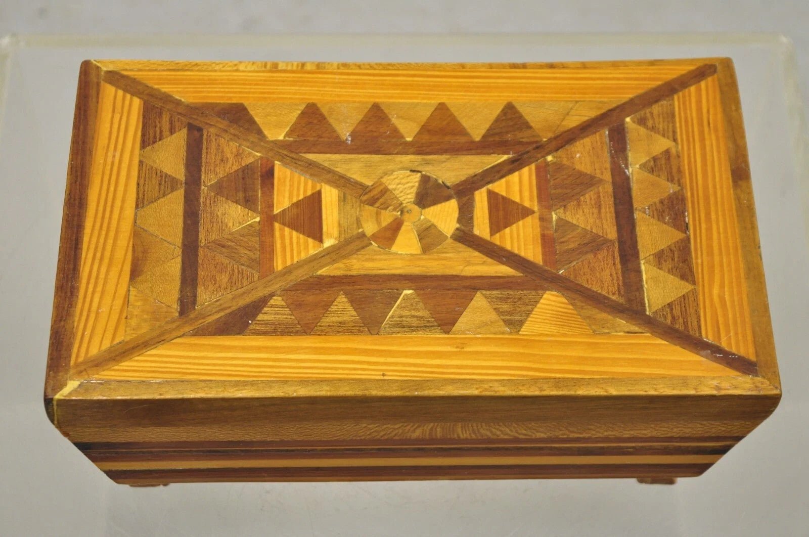 Vintage Folk Art Marquetry Inlay Small Wooden Primitive Footstool Ottoman Stool