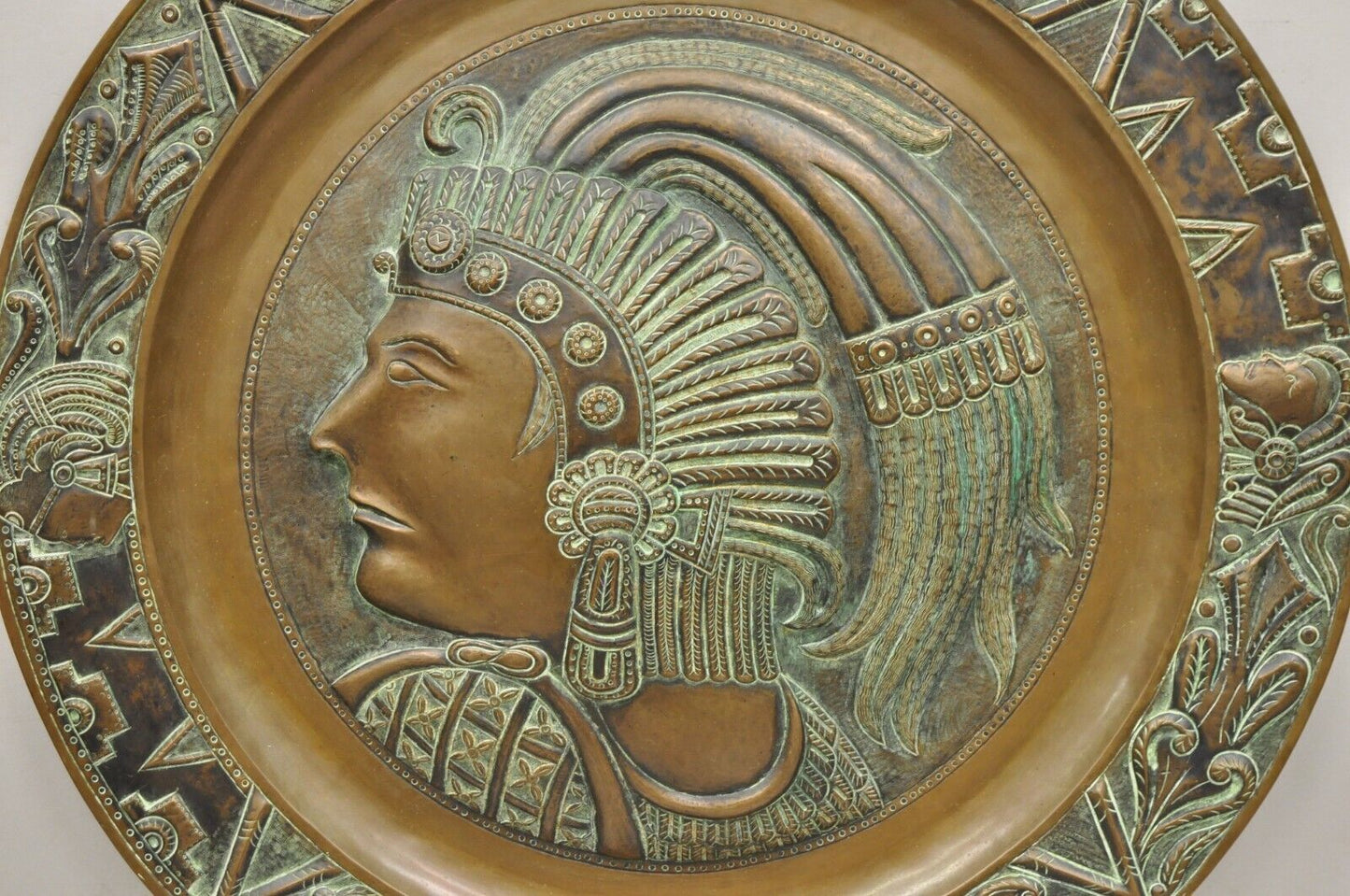 Vtg Copper Relief Figural Mexican Aztec Warrior Large Wall Plaque Charger Tray