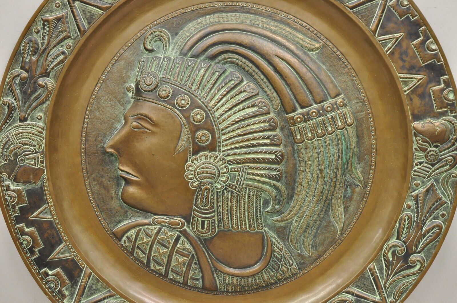 Vtg Copper Relief Figural Mexican Aztec Warrior Large Wall Plaque Charger Tray