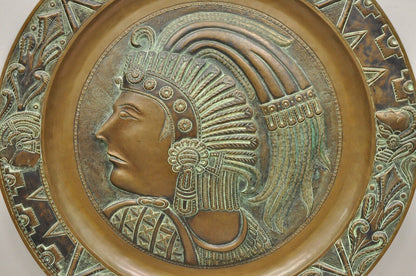 Vtg Copper Relief Figural Mexican Aztec Warrior Large Wall Plaque Charger Tray