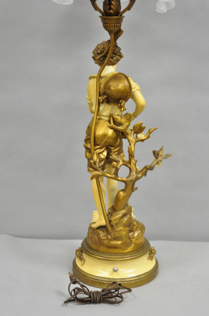 Vintage French L&F Moreau Figural Gold Painted Metal Boy Torchiere Table Lamp