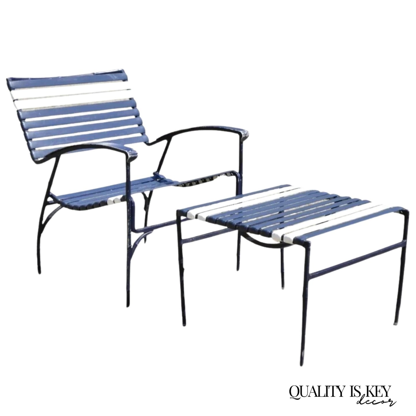 Vintage Faux Bamboo Aluminum Vinyl Strap Blue Patio Lounge Chair and Ottoman
