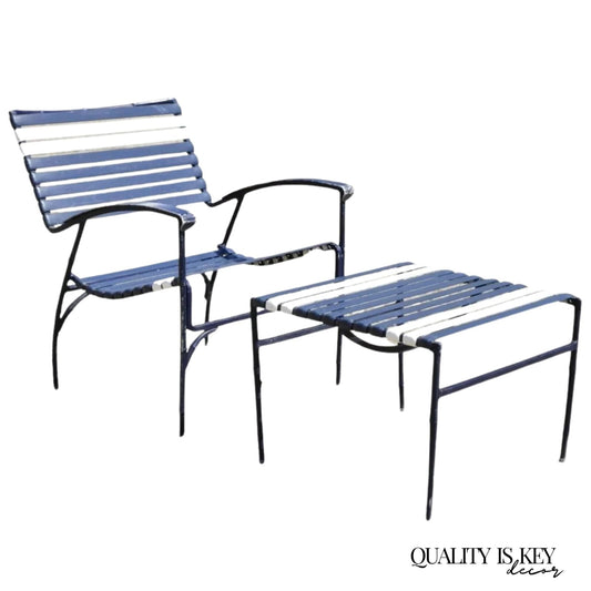 Vintage Faux Bamboo Aluminum Vinyl Strap Blue Patio Lounge Chair and Ottoman