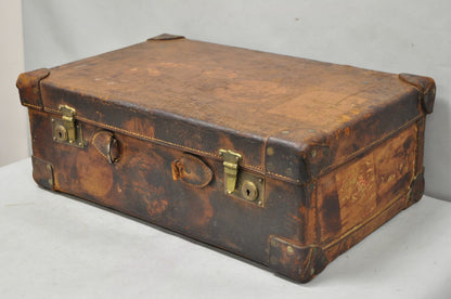 Antique Distressed Brown Leather English Art Deco 24" Suitcase Bag