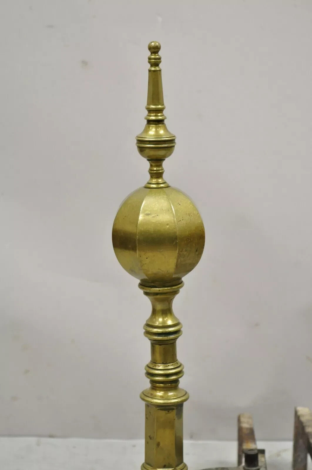 Antique Federal Faceted Brass Cannonball Branch Foot Cast Iron Andirons - a Pair