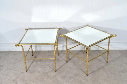 Vintage Italian Hollywood Regency Faux Bamboo Gold Mirror Low Side Tables - Pair