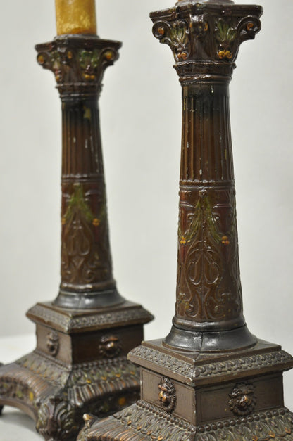 Antique French Empire Brown Painted Column Small Metal Table Lamps - a Pair
